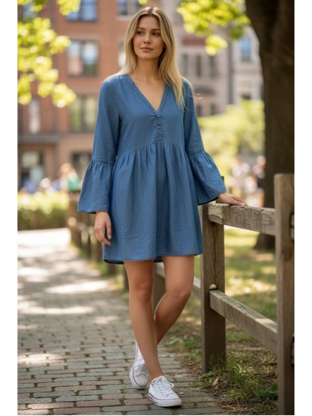Denim Chambray Boho Peasant dress Bell Sleeve Cottagecore Size Small - Picture 1 of 7